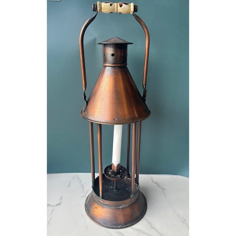 Vintage Copper Candle Lantern Rustic Farmhouse Decor Floral Ceramic Handle